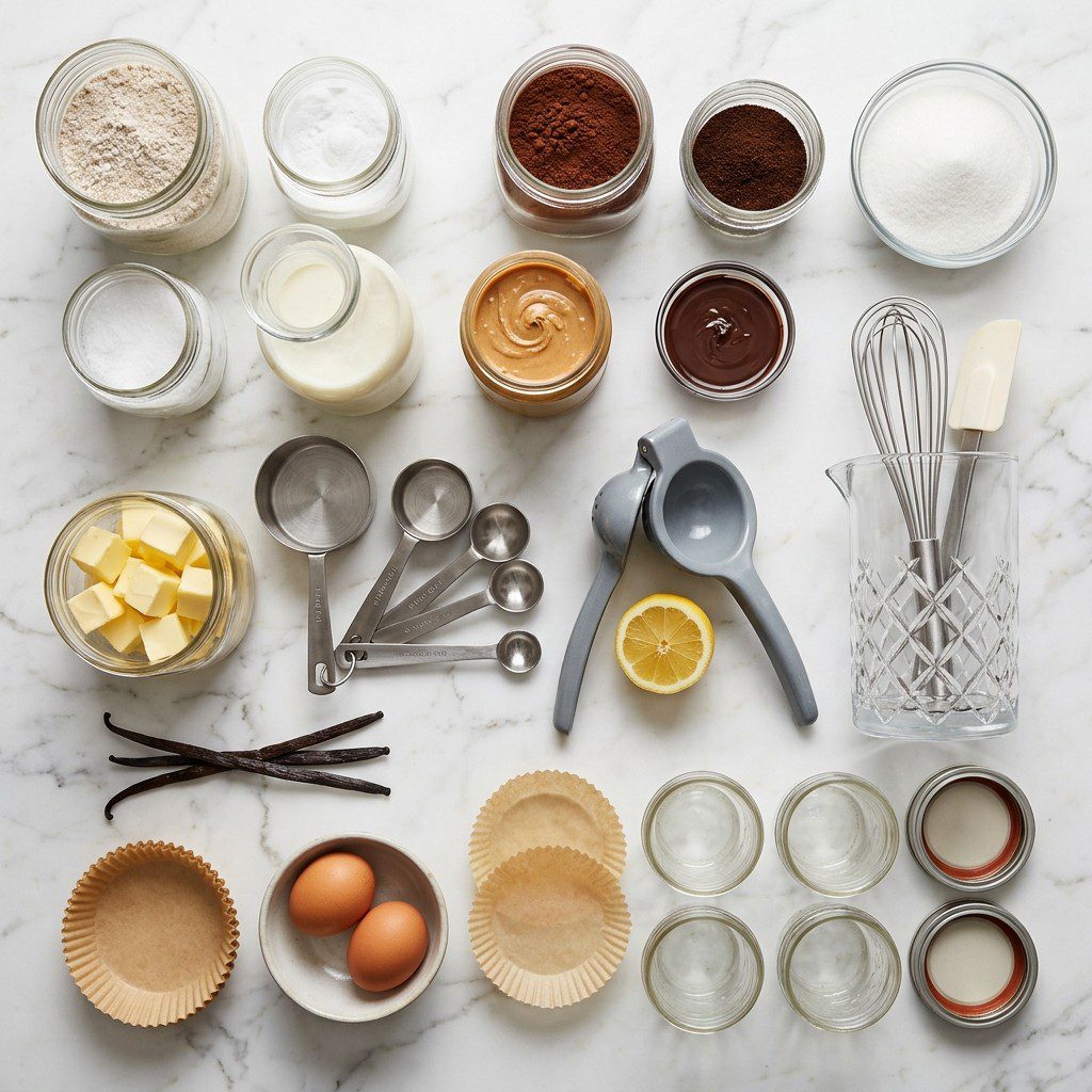 Raw cooking ingredients for Peanut Butter and Mocha Cake in Mini-Mason Jars arranged beautifully on a clean kitchen counter.