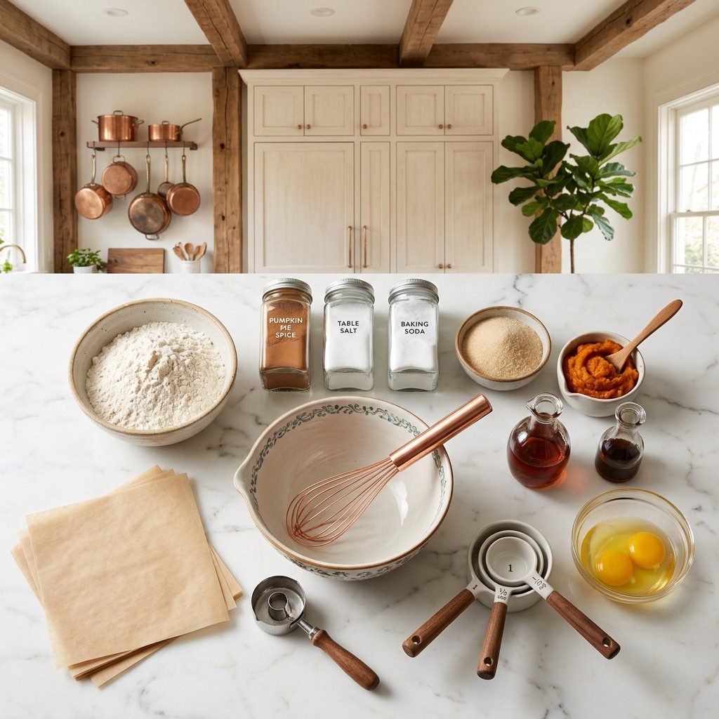 A fresh kitchen scene displaying the raw ingredients prepared for cooking Pumpkin Donuts.