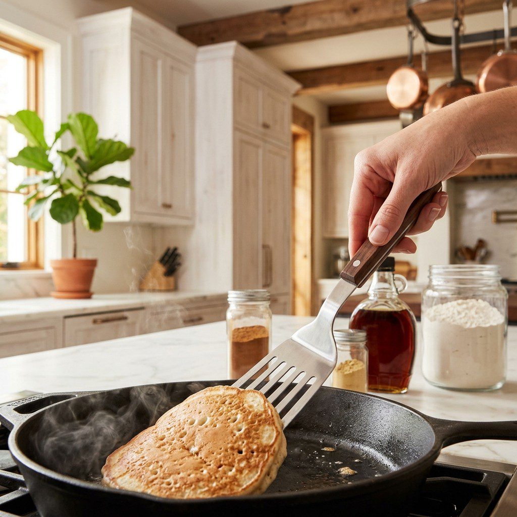 Home cook prepared steps for assembling and cooking Ricotta-Almond Pancakes with Berry-Maple Syrup.