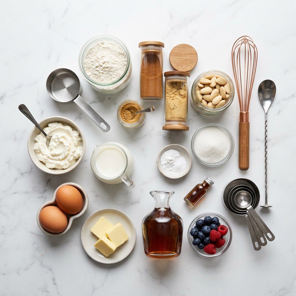 Raw cooking ingredients for Ricotta-Almond Pancakes with Berry-Maple Syrup arranged beautifully on a clean kitchen counter.