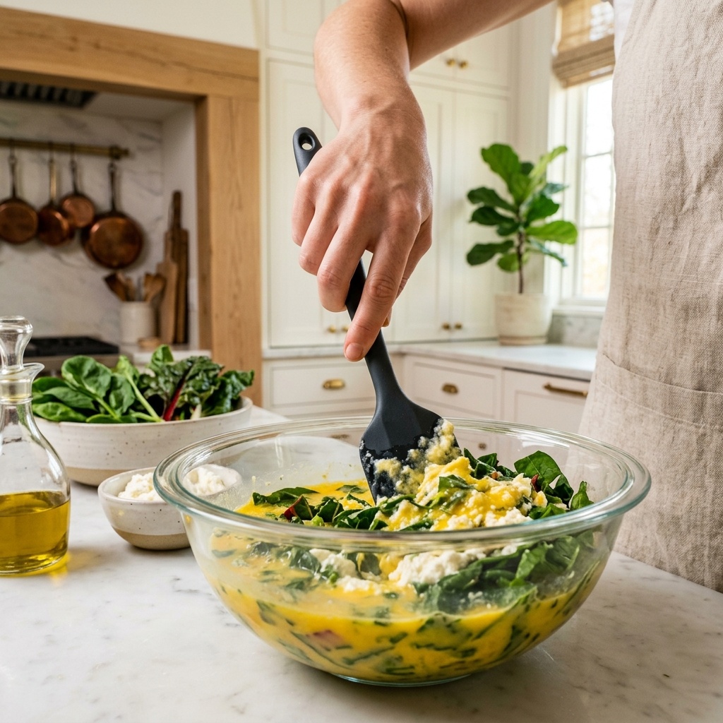 Home cook prepared steps for assembling and cooking Ricotta Frittata with Swiss Chard and Spinach.