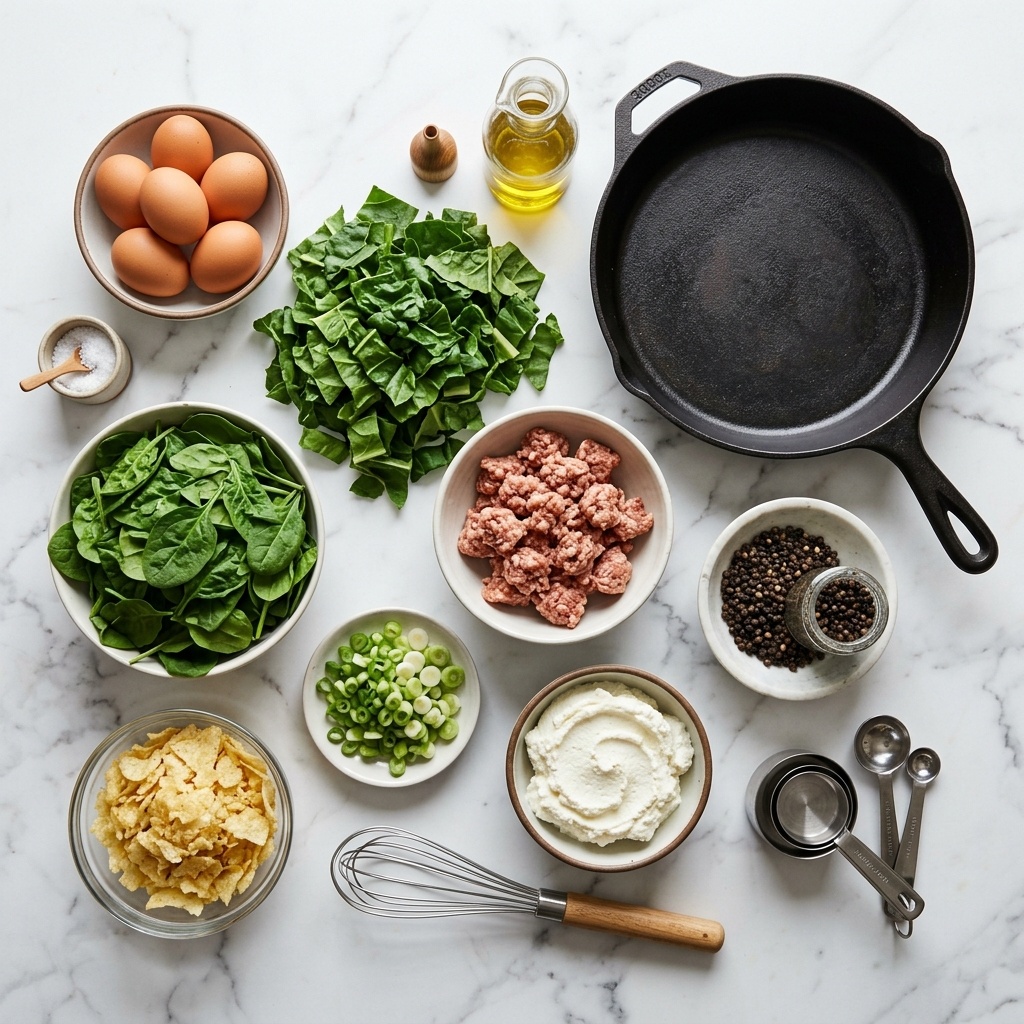 Raw cooking ingredients for Ricotta Frittata with Swiss Chard and Spinach arranged beautifully on a clean kitchen counter.