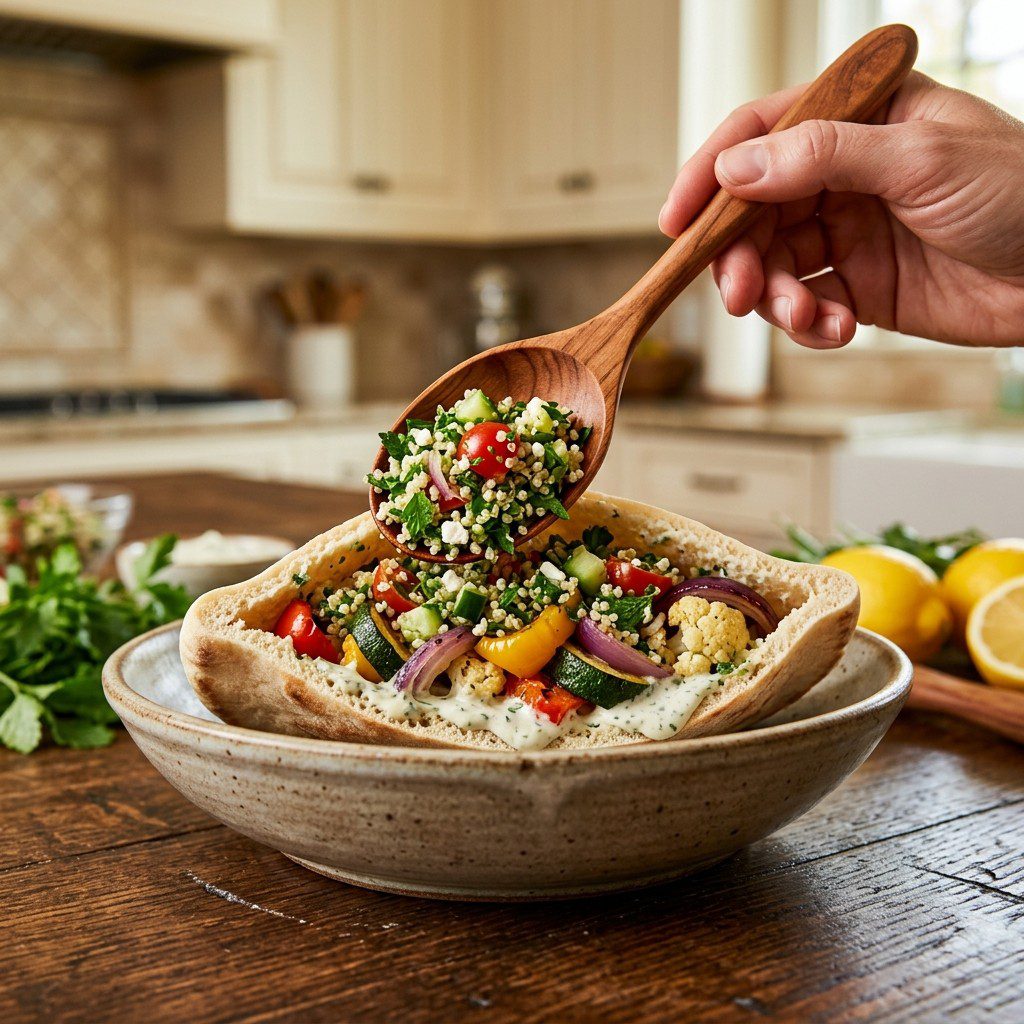 An active cooking step capturing the preparation and assembly of Roasted Veggie Pitas with Herb Ranch Dressing and Quinoa Tabbouleh in the kitchen.