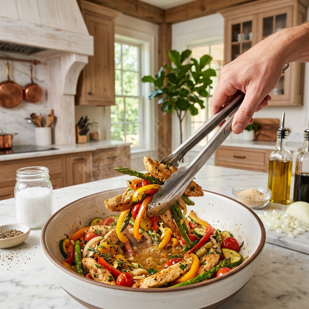 Home cook prepared steps for assembling and cooking Sautéed Chicken Breasts with Veggie Butter Sauce.