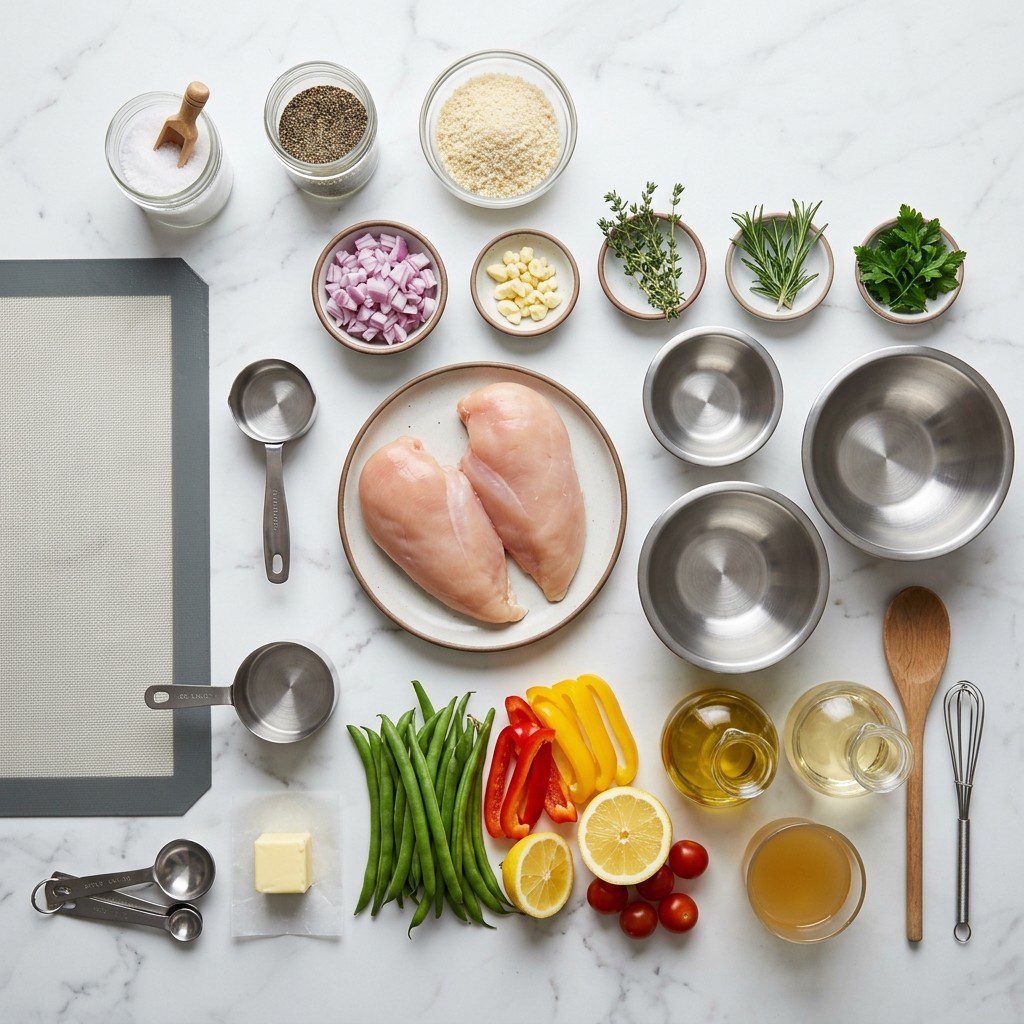 Raw cooking ingredients for Sautéed Chicken Breasts with Veggie Butter Sauce arranged beautifully on a clean kitchen counter.