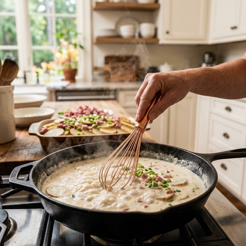 An active cooking step capturing the preparation and assembly of Scalloped Potatoes with Ham and Green Onions in the kitchen.