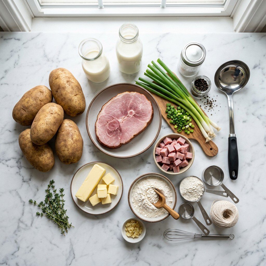 A fresh kitchen scene displaying the raw ingredients prepared for cooking Scalloped Potatoes with Ham and Green Onions.