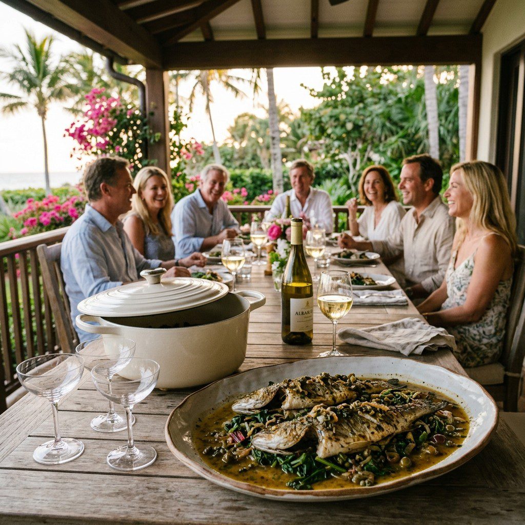 An appetizing, fresh serving of cooked Sea Bass with Pickled Pantry Sauce displayed beautifully on a styled dining table.