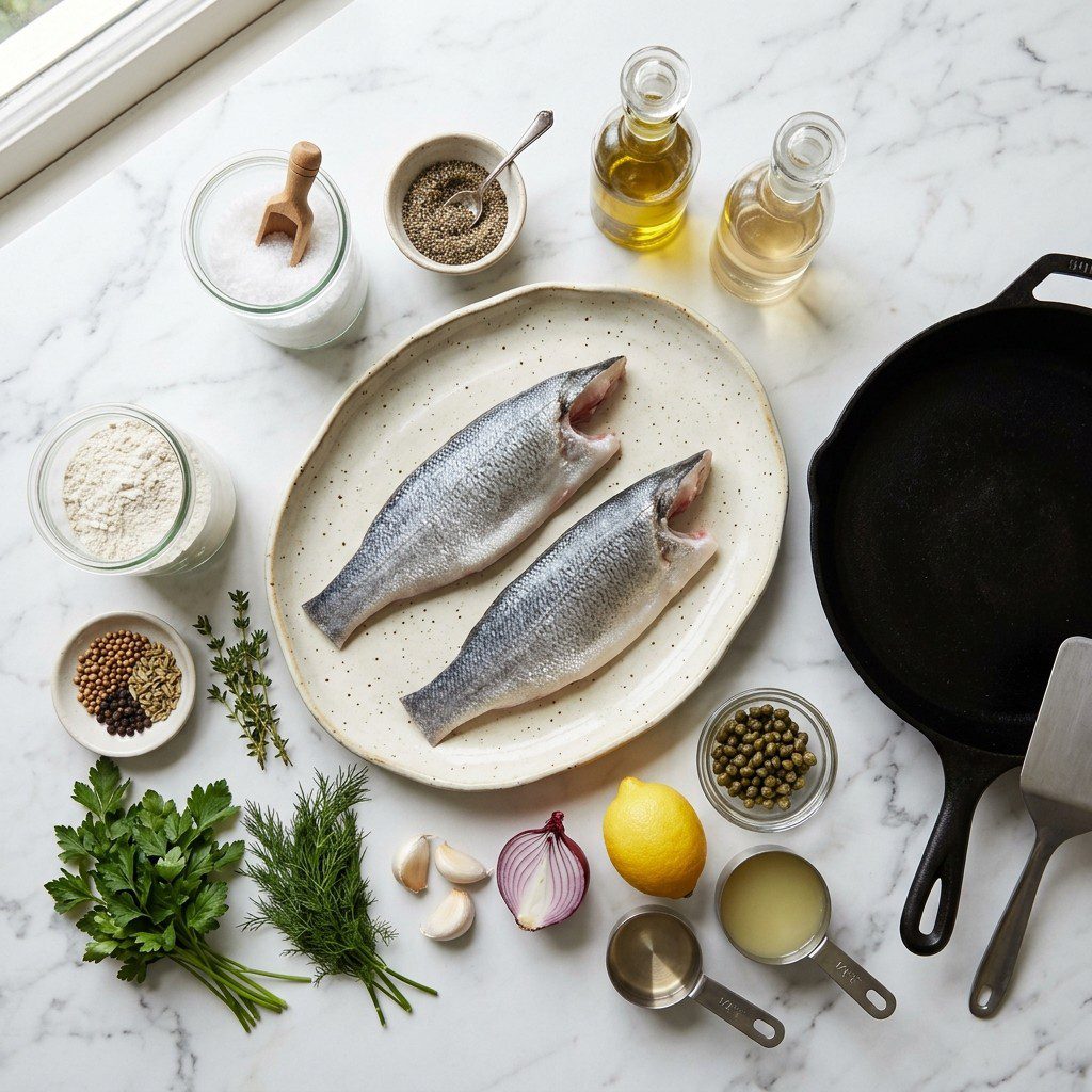 Raw cooking ingredients for Sea Bass with Pickled Pantry Sauce arranged beautifully on a clean kitchen counter.