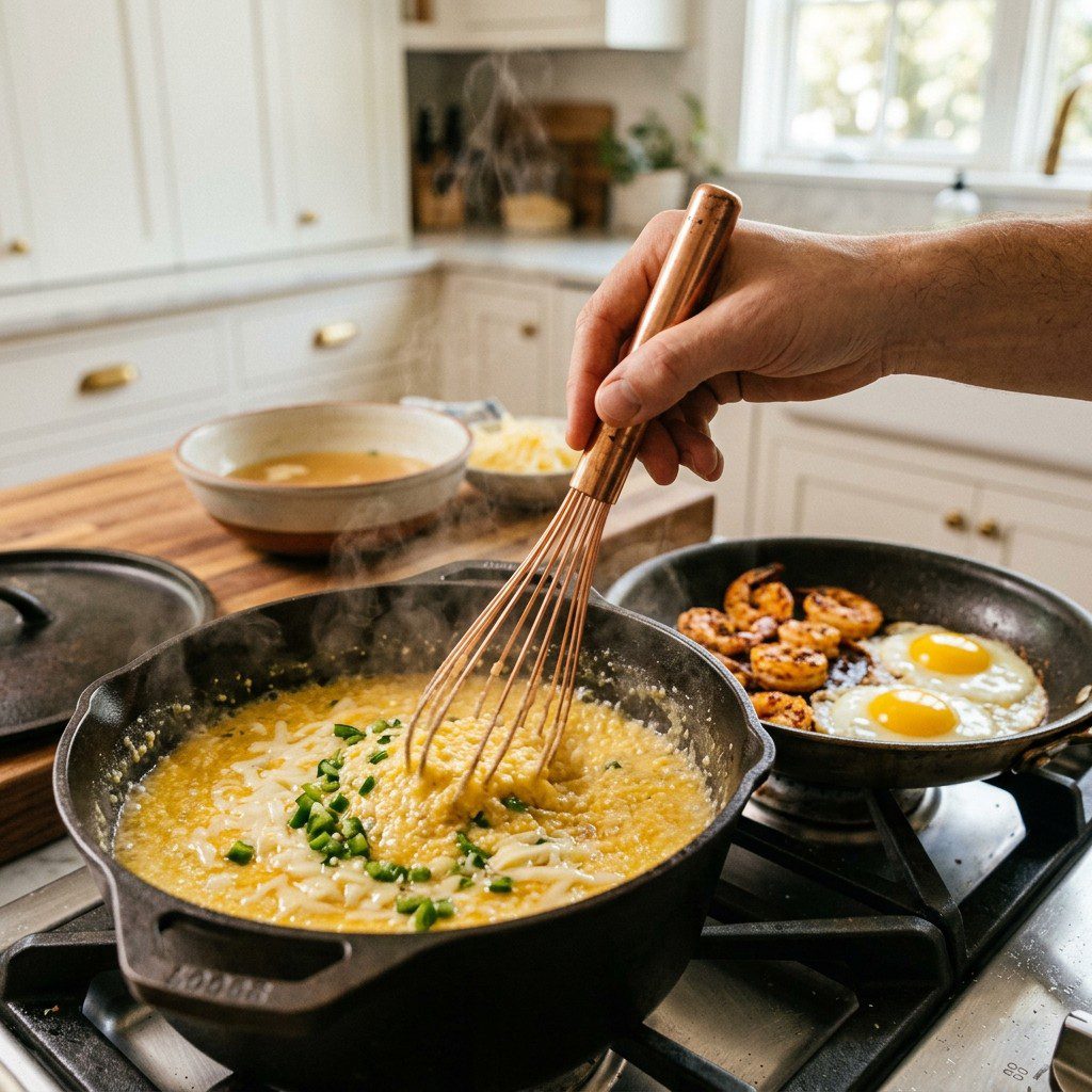 An active cooking step capturing the preparation and assembly of Shrimp & Grits with Eggs Sunnyside Up in the kitchen.