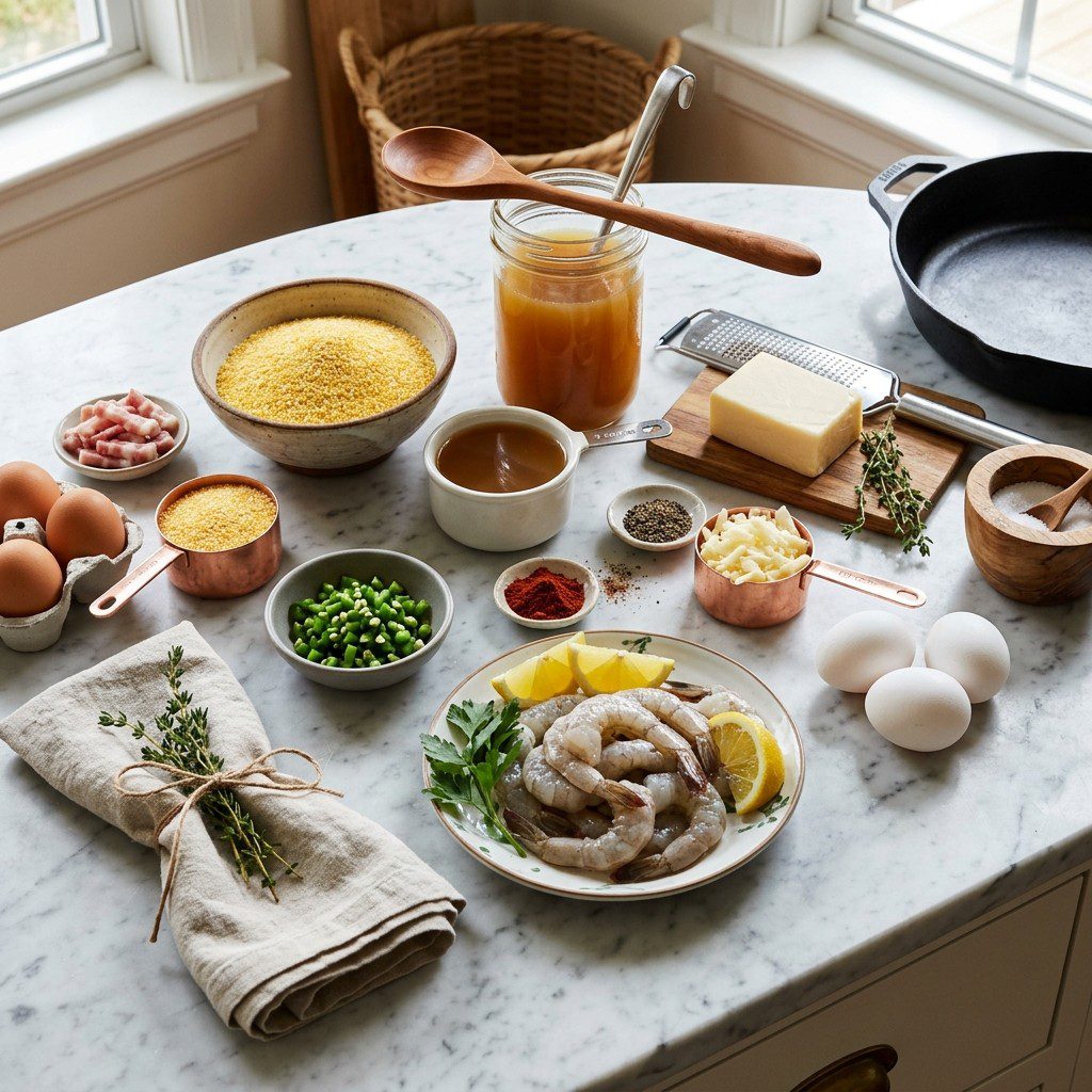 A fresh kitchen scene displaying the raw ingredients prepared for cooking Shrimp & Grits with Eggs Sunnyside Up.