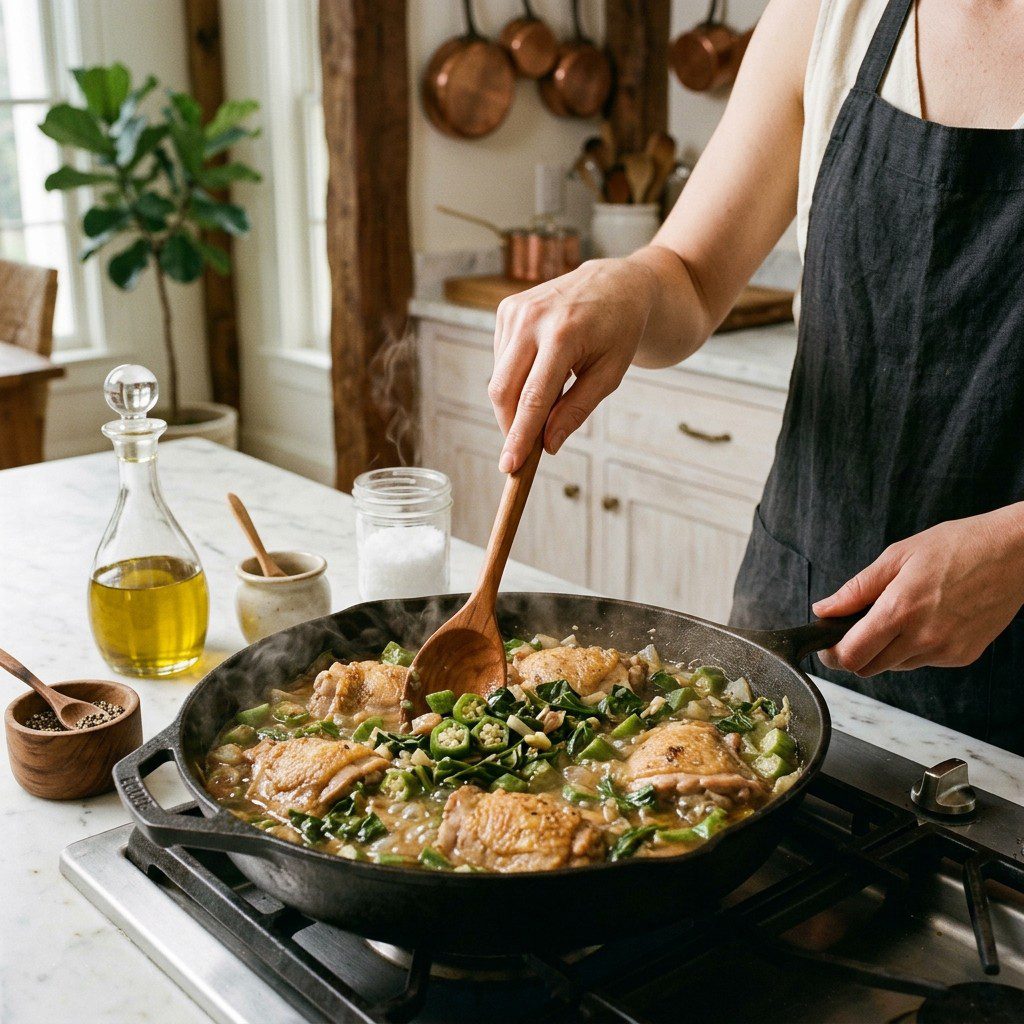 An active cooking step capturing the preparation and assembly of Southern-Style Chicken Pot with Okra and Collards in the kitchen.