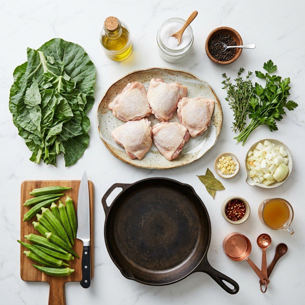 A fresh kitchen scene displaying the raw ingredients prepared for cooking Southern-Style Chicken Pot with Okra and Collards.