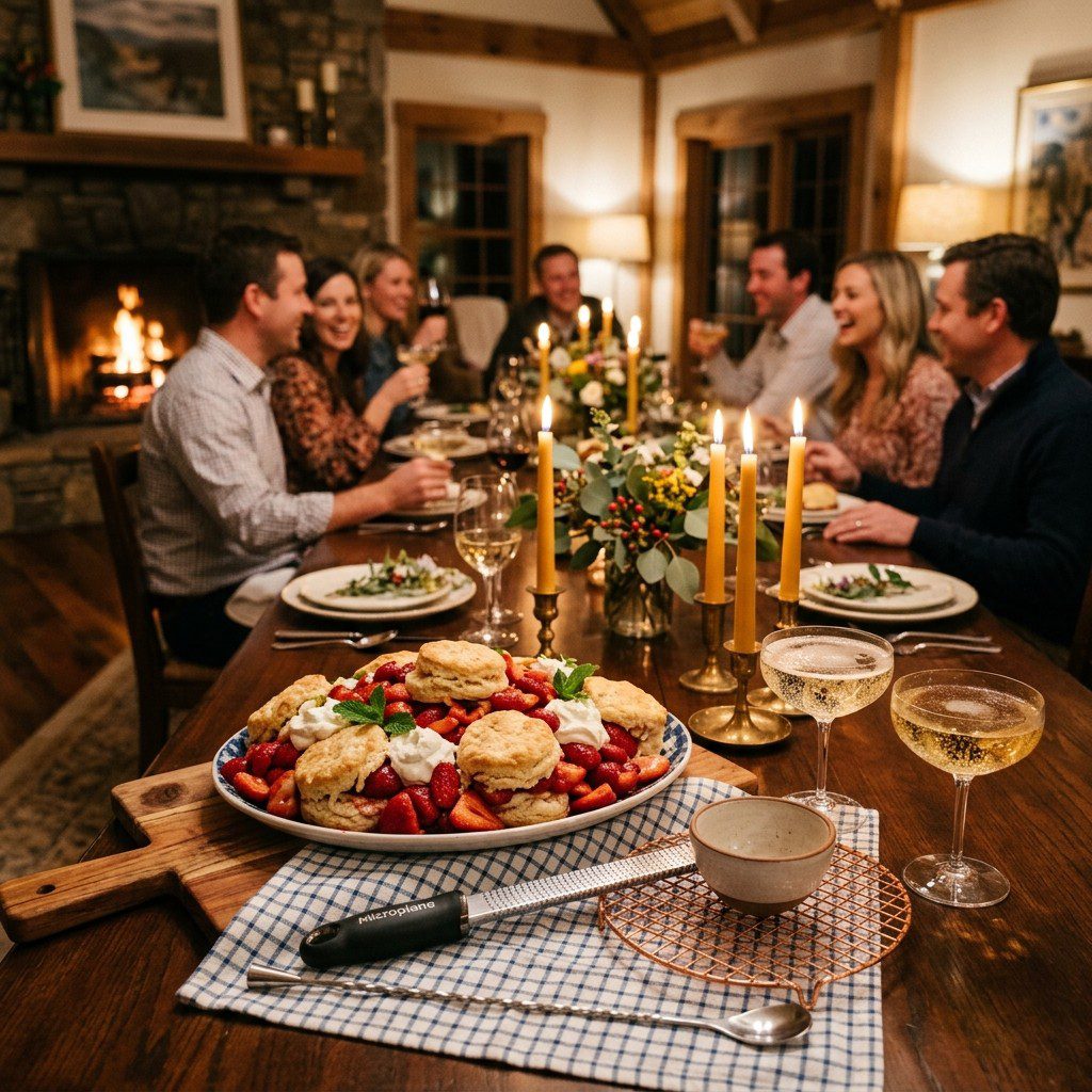 An appetizing, fresh serving of cooked Southern-Style Strawberry Shortcake displayed beautifully on a styled dining table.