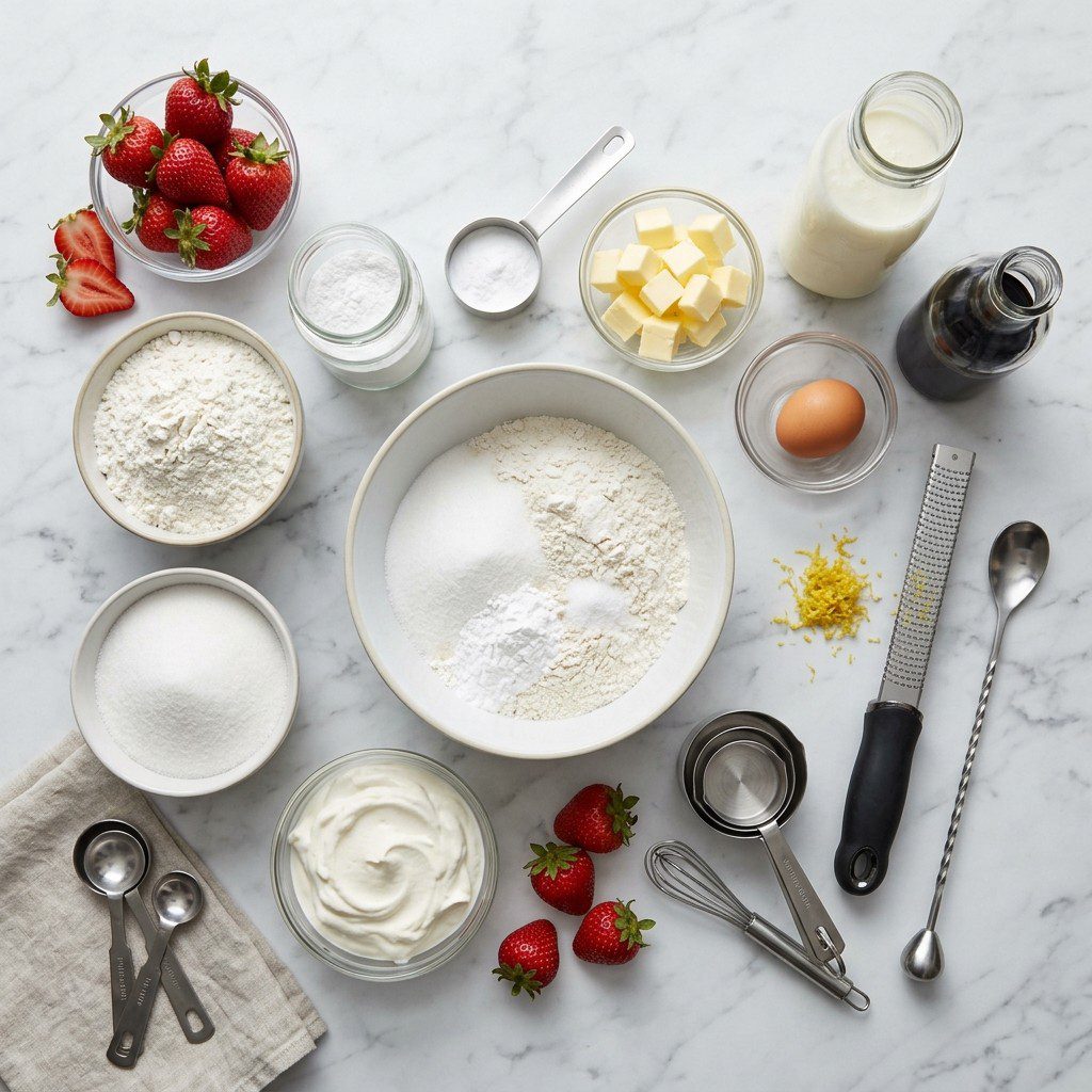 Raw cooking ingredients for Southern-Style Strawberry Shortcake arranged beautifully on a clean kitchen counter.