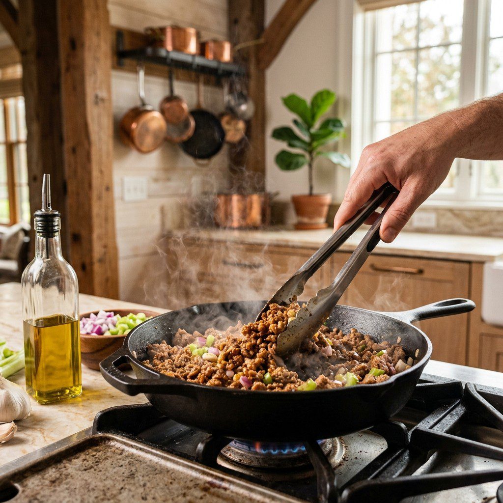 An active cooking step capturing the preparation and assembly of Spiced Pork Lettuce Wraps in the kitchen.