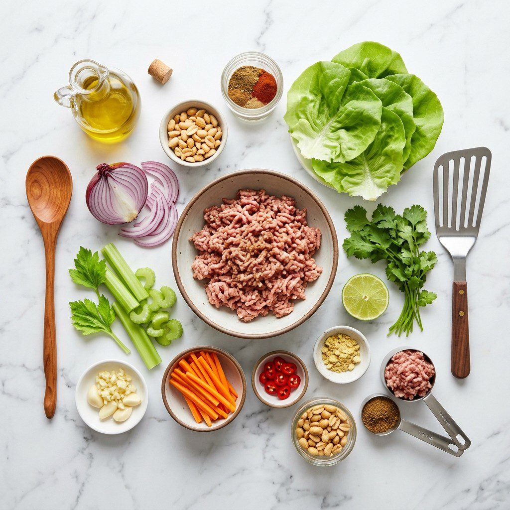 A fresh kitchen scene displaying the raw ingredients prepared for cooking Spiced Pork Lettuce Wraps.
