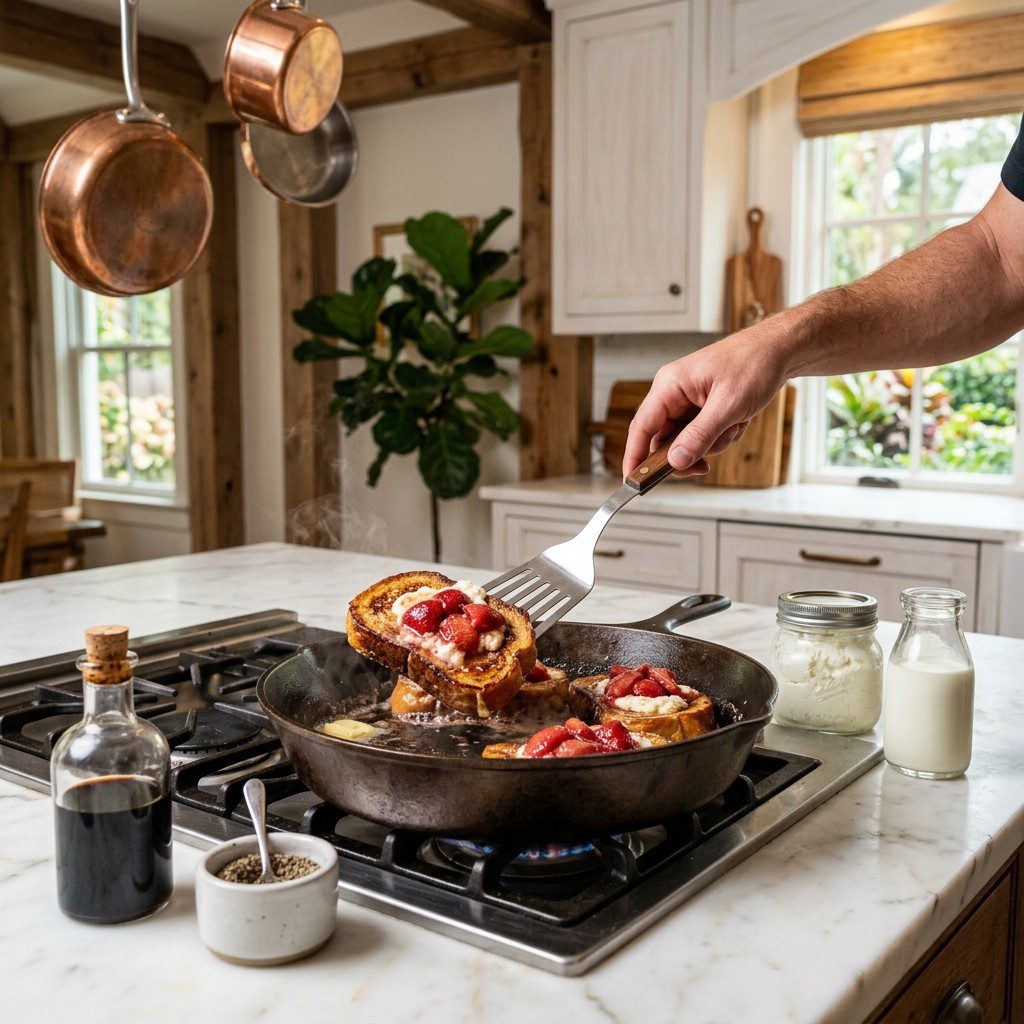 Home cook prepared steps for assembling and cooking Strawberry-Ricotta Topped French Toast.