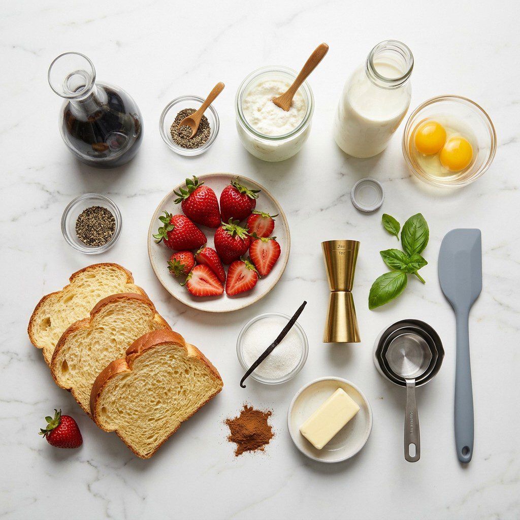 Raw cooking ingredients for Strawberry-Ricotta Topped French Toast arranged beautifully on a clean kitchen counter.