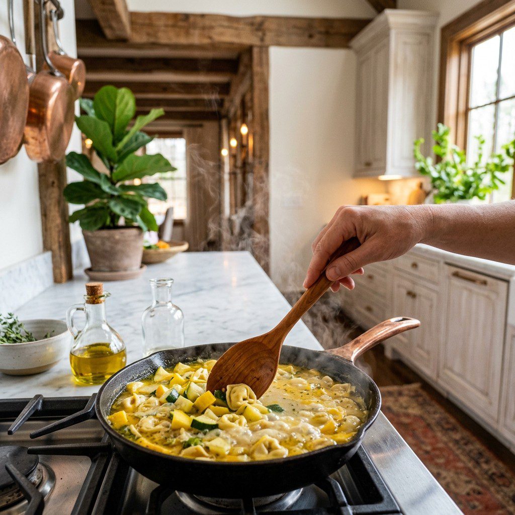 An active cooking step capturing the preparation and assembly of Summer Squash Soup with Tortellini in the kitchen.