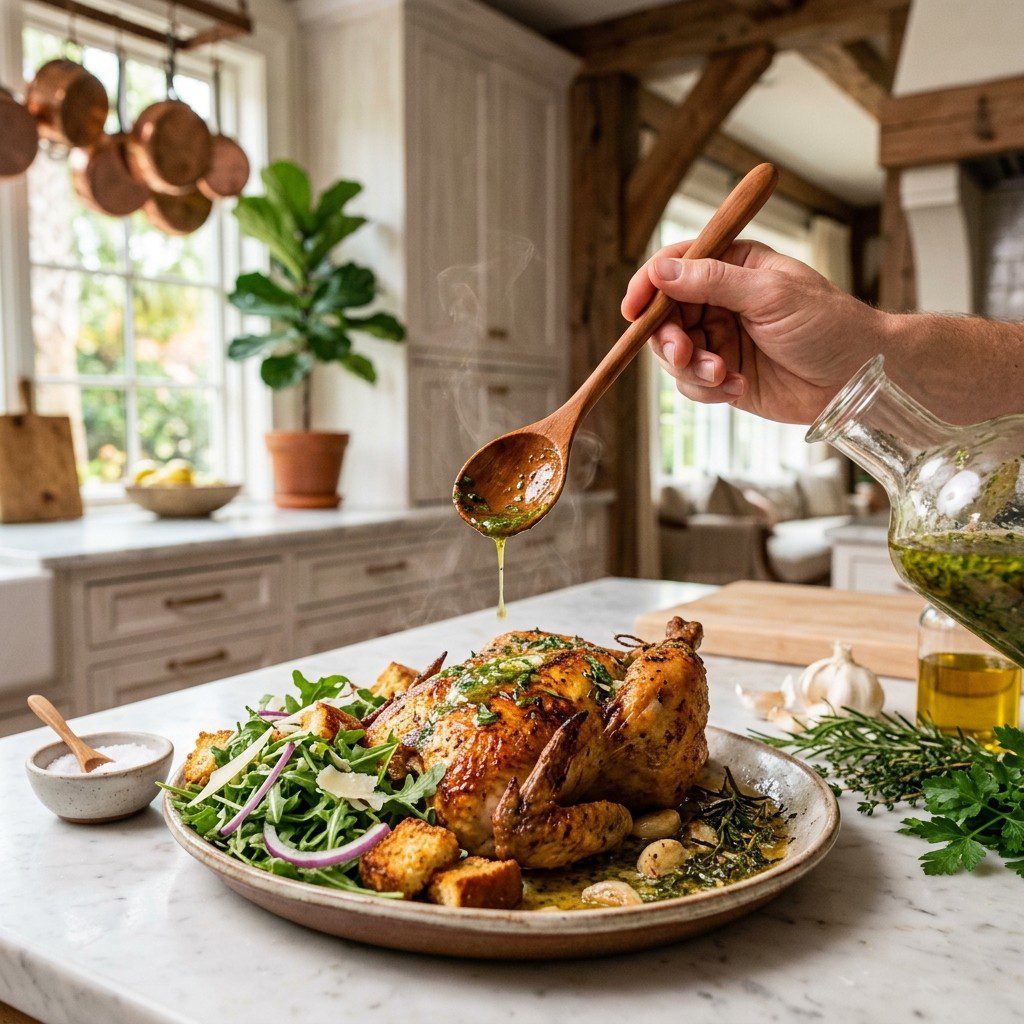 An active cooking step capturing the preparation and assembly of Sunday Best Chicken with Herb Butter, French Toast Croutons, and Arugula Salad in the kitchen.