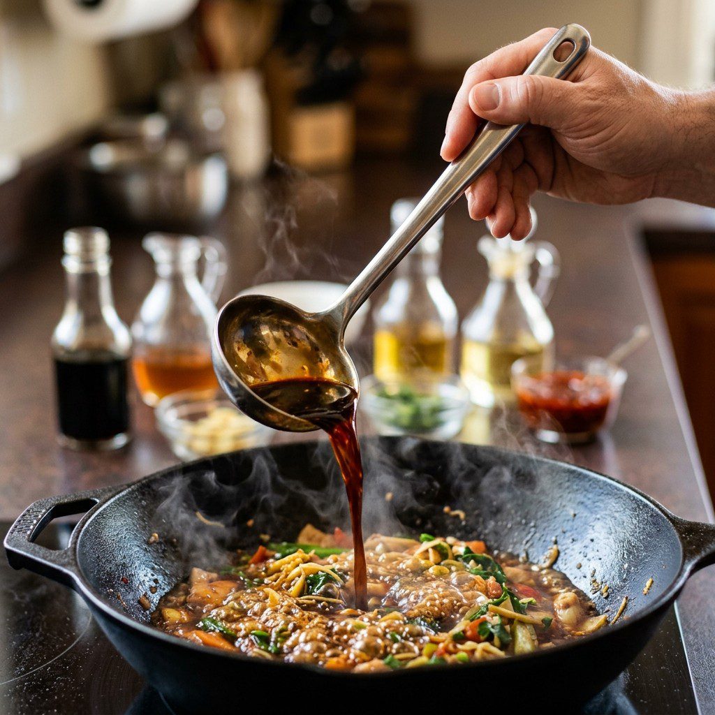 An active cooking step capturing the preparation and assembly of Sweet and Sour Country Style Ribs in the kitchen.