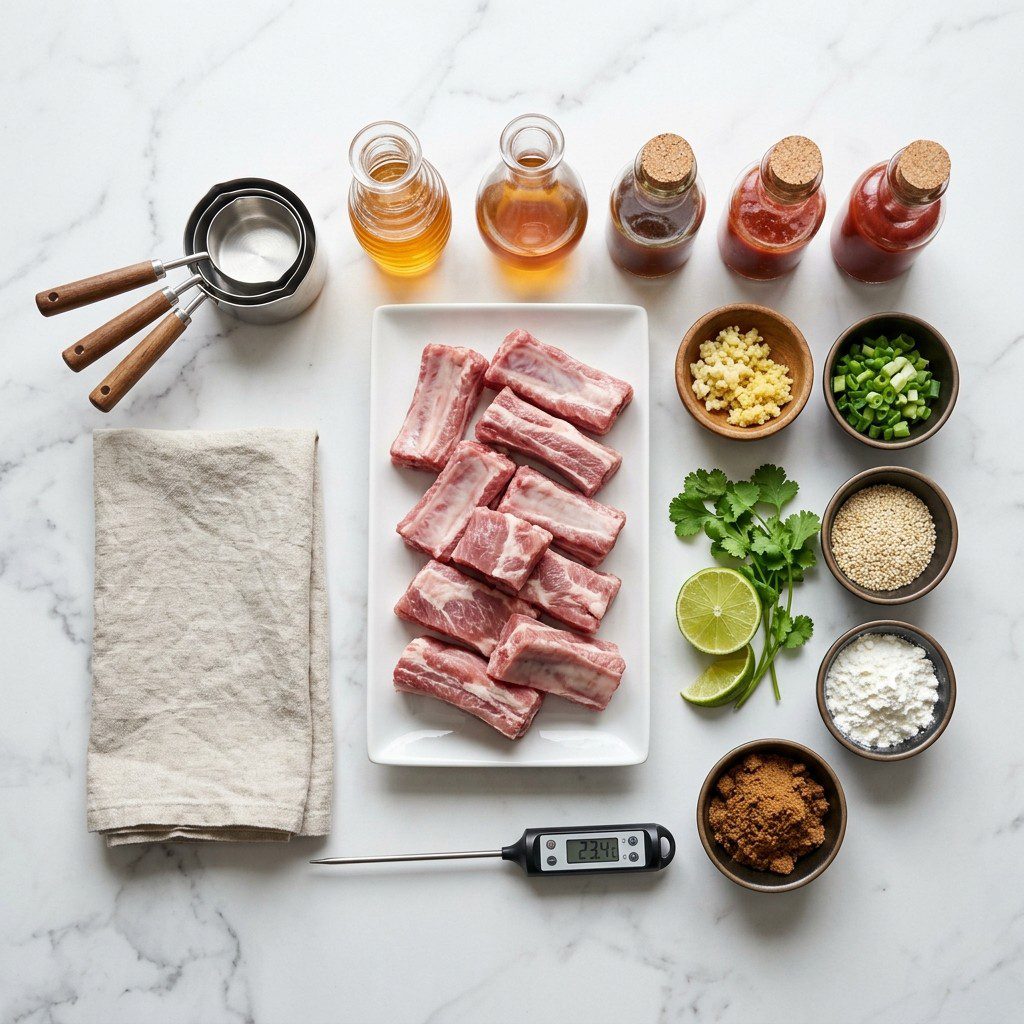 A fresh kitchen scene displaying the raw ingredients prepared for cooking Sweet and Sour Country Style Ribs.