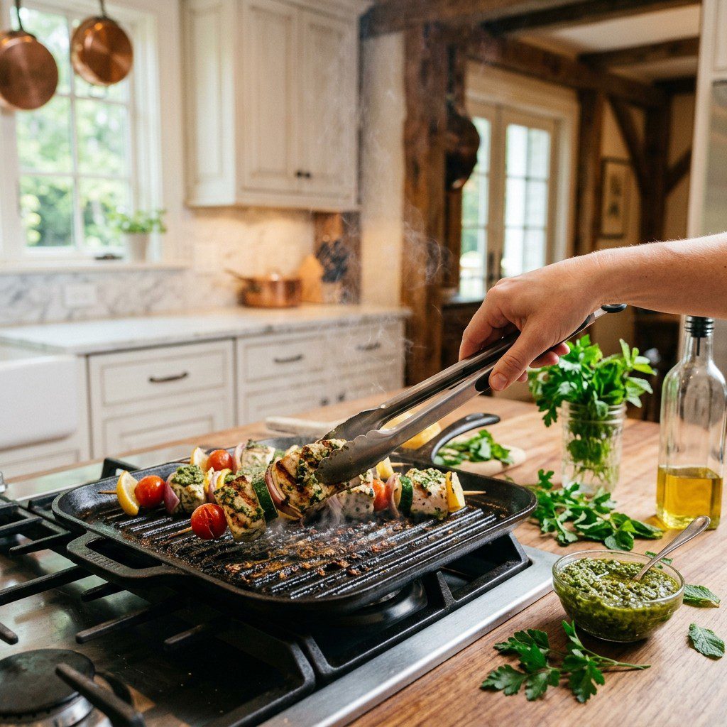 Home cook prepared steps for assembling and cooking Swordfish Kabobs with Kale-Mint Pesto.