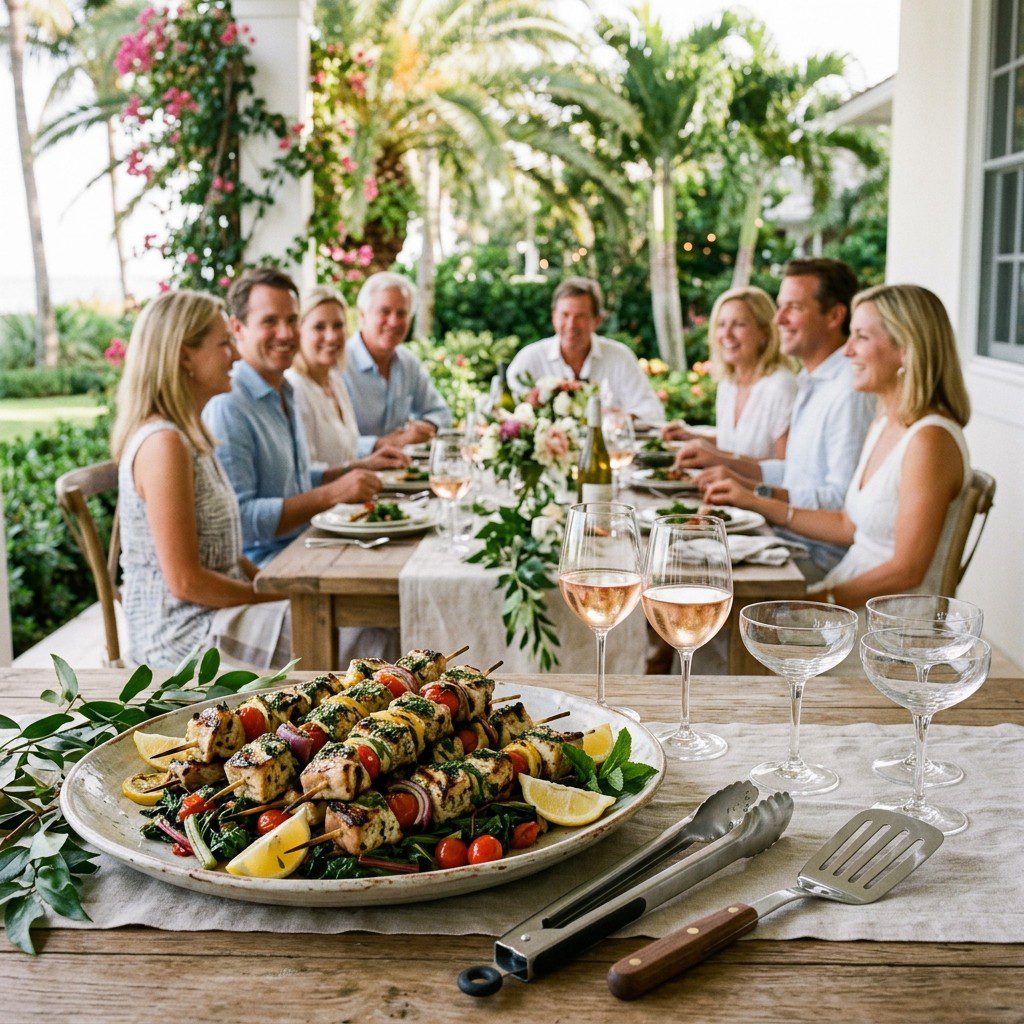 An appetizing, fresh serving of cooked Swordfish Kabobs with Kale-Mint Pesto displayed beautifully on a styled dining table.