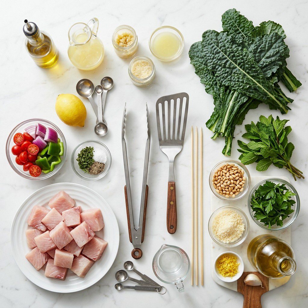Raw cooking ingredients for Swordfish Kabobs with Kale-Mint Pesto arranged beautifully on a clean kitchen counter.