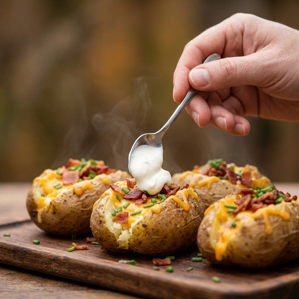 An active cooking step capturing the preparation and assembly of Trio of Loaded Potato Jackets in the kitchen.