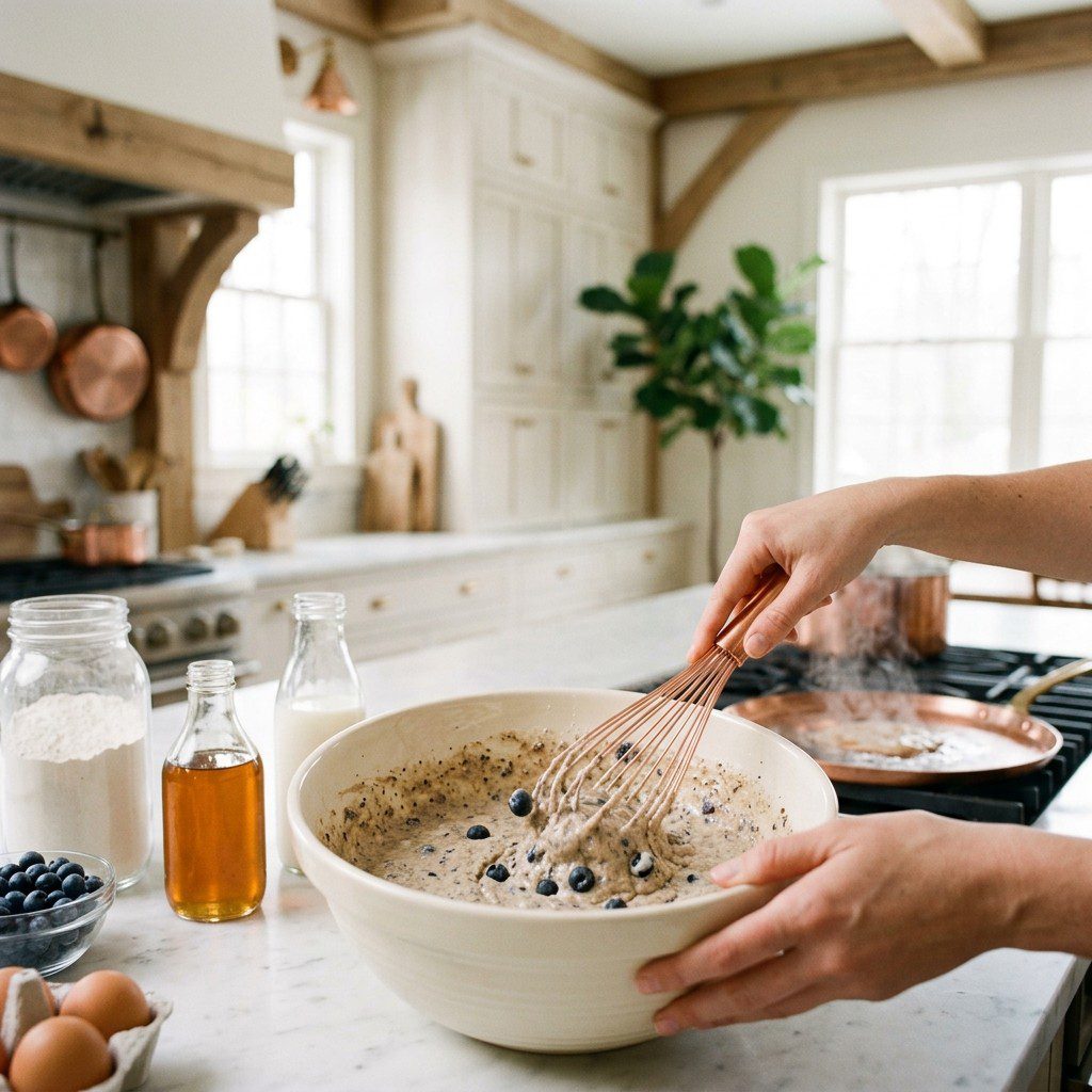 An active cooking step capturing the preparation and assembly of Whole Grain Blueberry Pancakes with Berry Good Maple Syrup in the kitchen.
