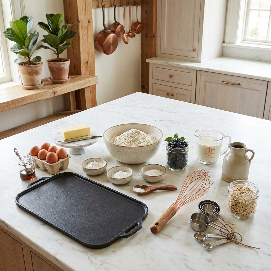 A fresh kitchen scene displaying the raw ingredients prepared for cooking Whole Grain Blueberry Pancakes with Berry Good Maple Syrup.