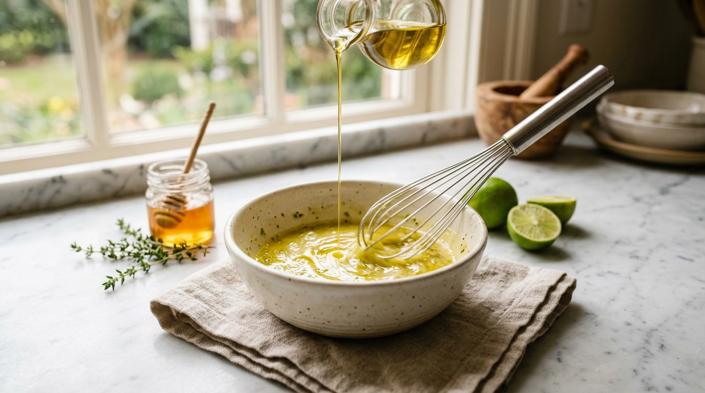 Close-up of a thin stream of olive oil being whisked into a lime-and-honey base, the dressing turning glossy