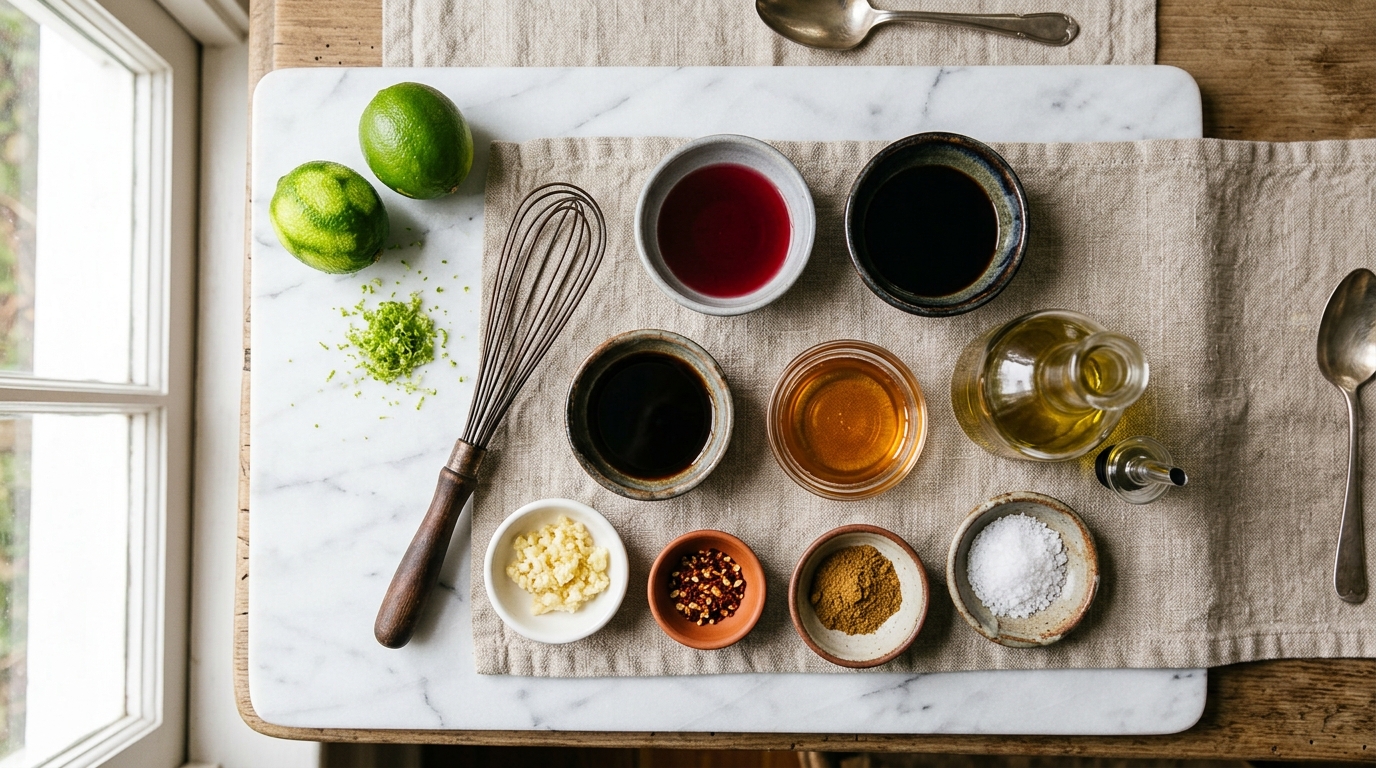 Overhead prep flat-lay of two zested limes and small bowls of red wine vinegar, soy sauce, honey, olive oil, minced garlic, red pepper flakes, ground cumin, and kosher salt with a whisk on marble
