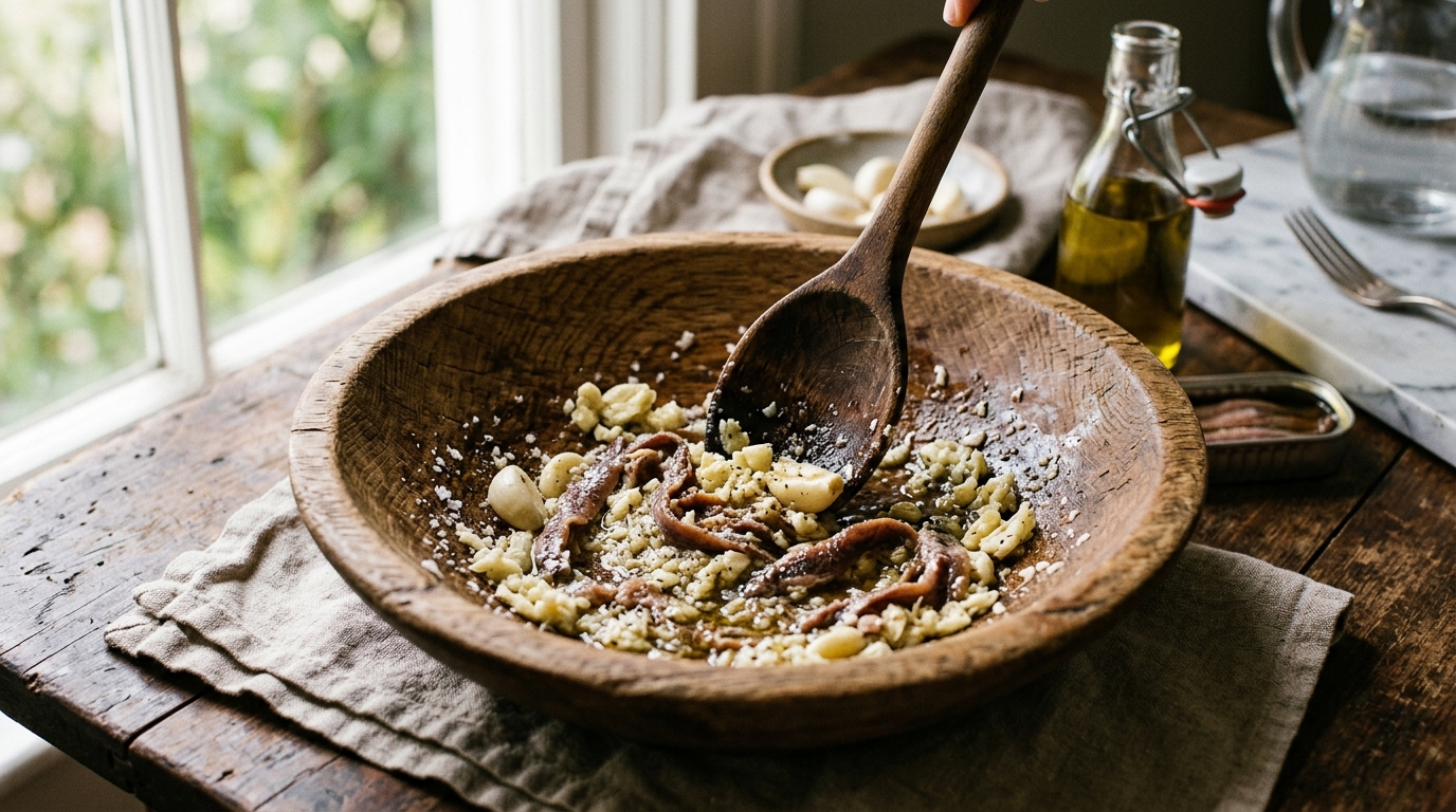 Close-up of a wooden spoon smashing garlic and anchovies into a paste at the bottom of a wooden salad bowl
