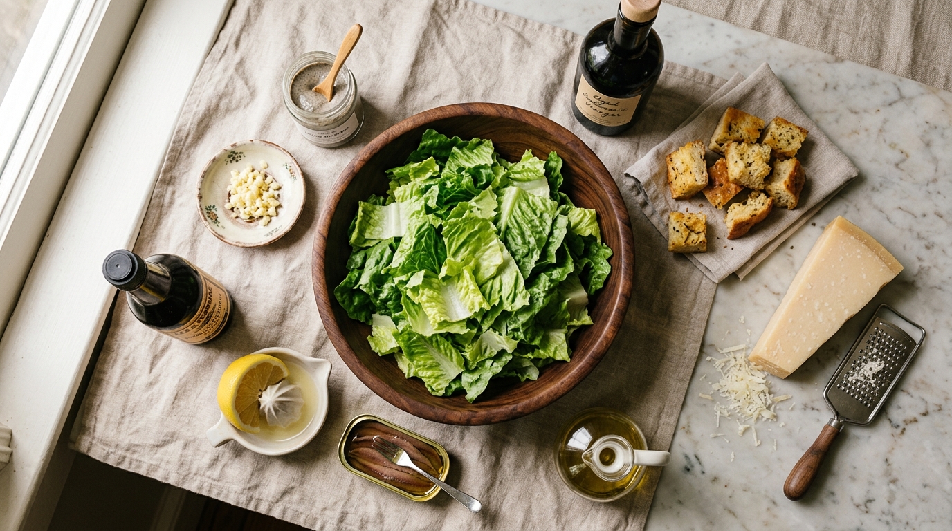 Overhead prep flat-lay of torn romaine in a wooden bowl, a tin of anchovies, minced garlic, Dijon, Worcestershire, a halved lemon, balsamic, olive oil, croutons, and a wedge of Parmesan with a grater on marble