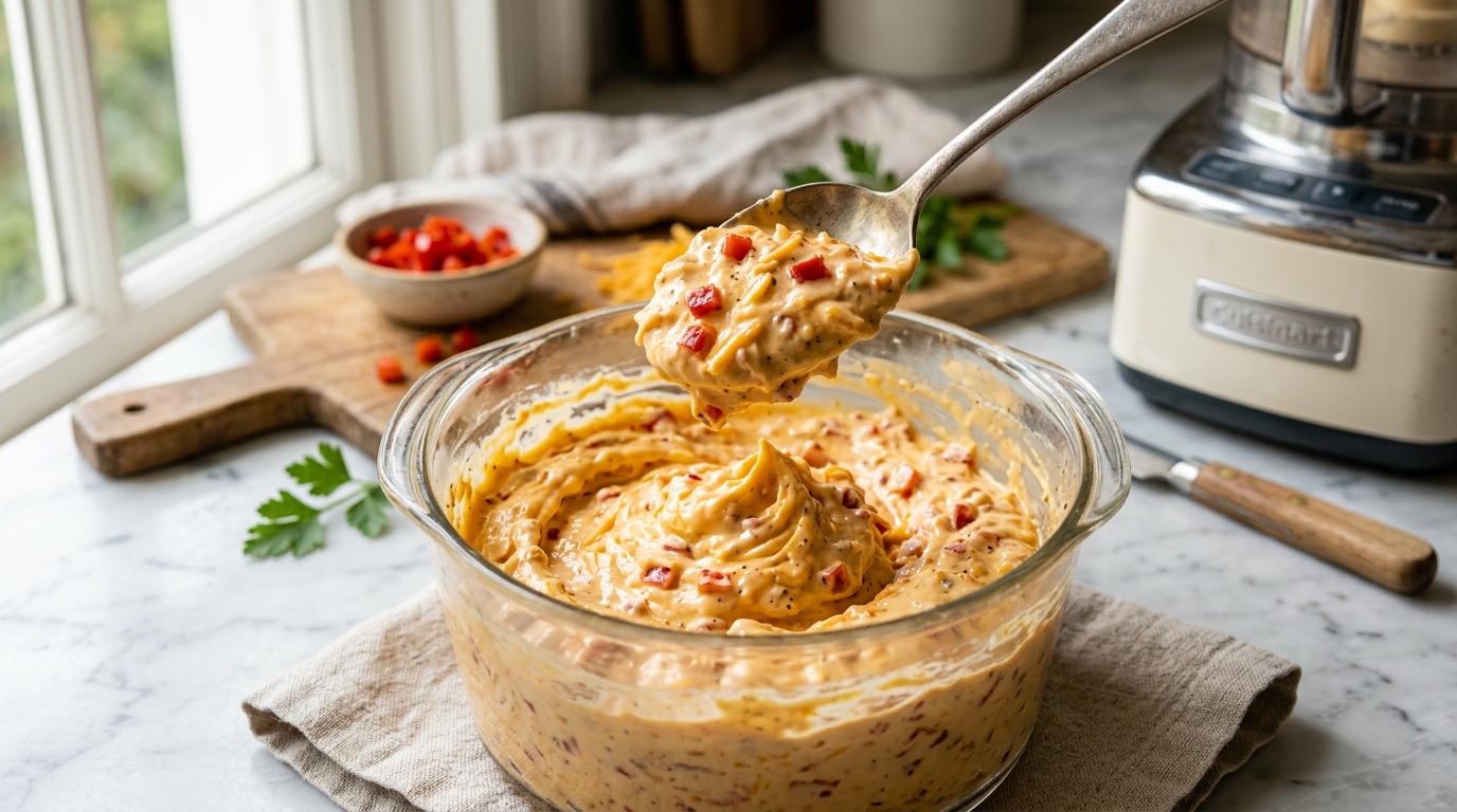 Close-up of a spoon lifting a thick swirl of freshly made pimento cheese from a food processor bowl, red pimento flecks visible throughout