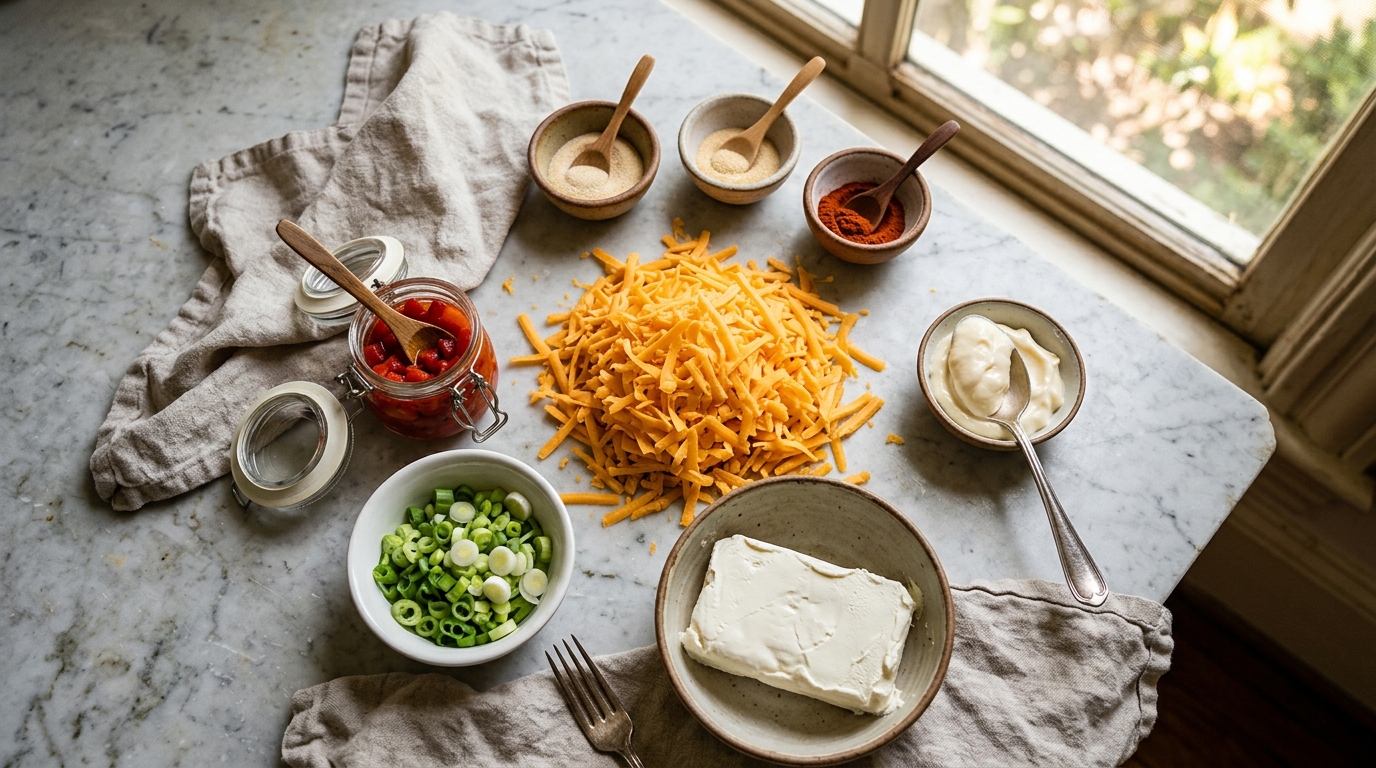 Overhead prep flat-lay of hand-grated sharp cheddar, softened cream cheese, sliced green onions, mayonnaise, a jar of drained pimentos, and small bowls of onion powder, garlic powder, and paprika on marble
