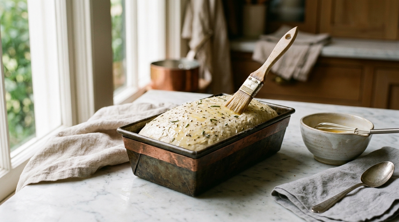 Close-up of a pastry brush lacquering egg wash onto a raised, herb-flecked loaf in a pan just before baking