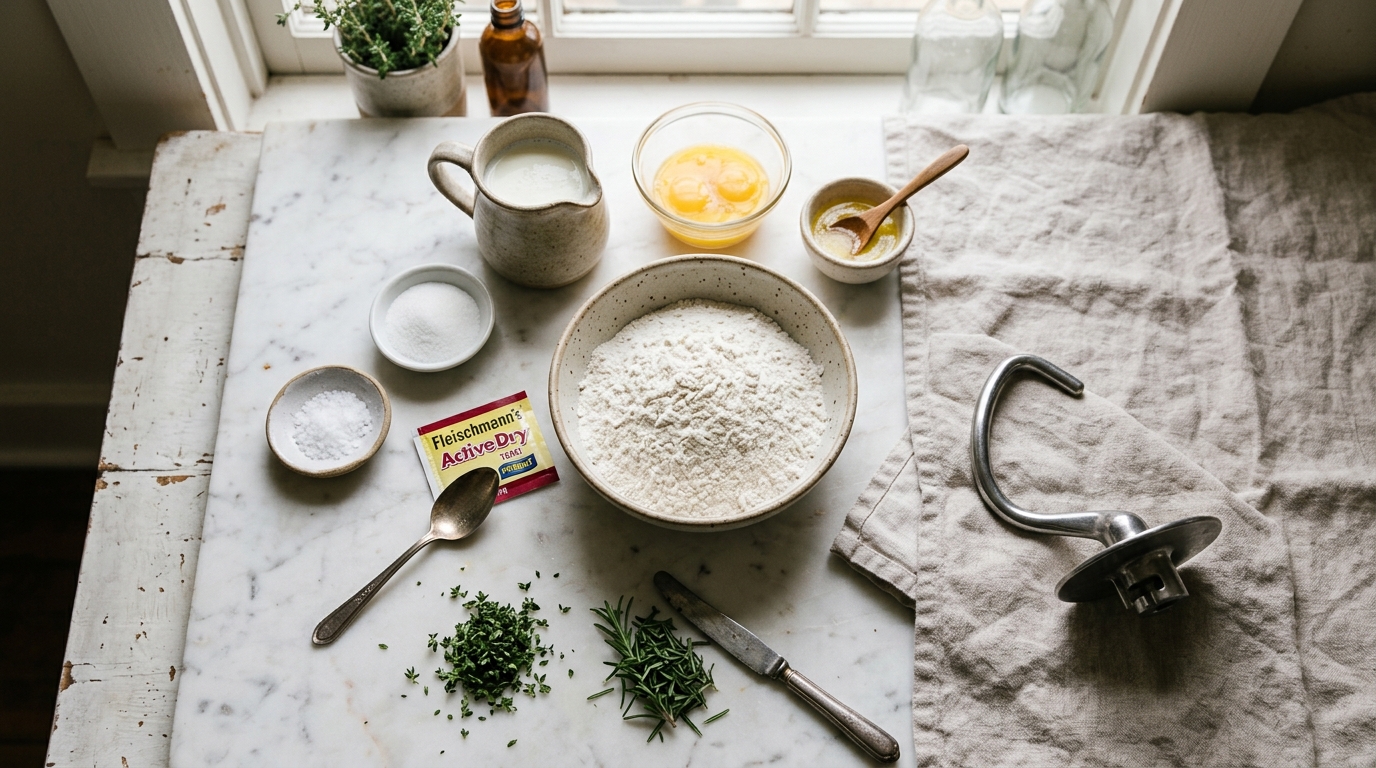 Overhead prep flat-lay of a bowl of flour, warmed buttermilk, a packet of yeast, sugar, salt, melted butter, beaten eggs, and small piles of minced fresh thyme and rosemary with a dough hook on marble
