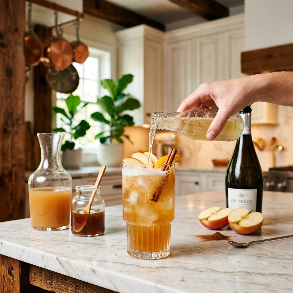 An apple cider spritz being finished with sparkling wine in a wine glass, apple slices and rosemary nearby