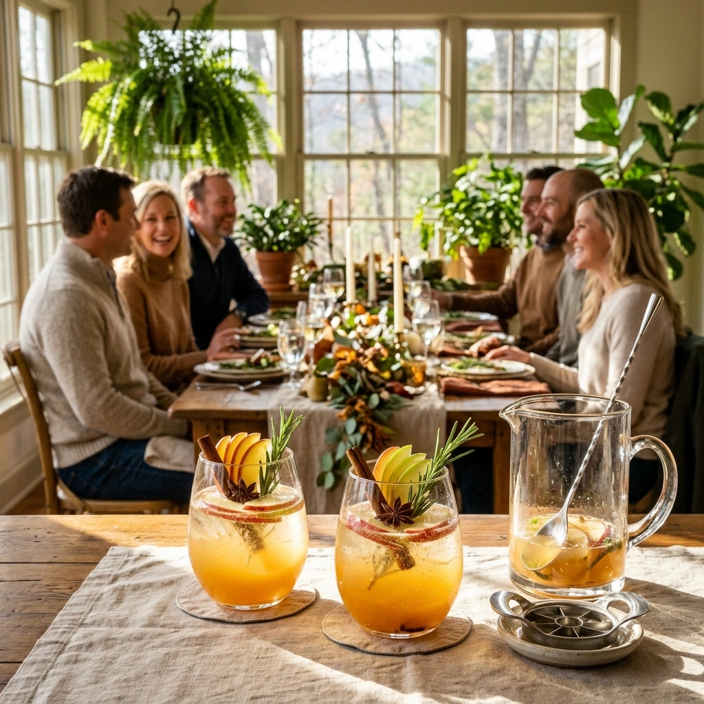 Apple cider harvest spritzes garnished with apple slices, rosemary, and cinnamon on a sunlit autumn table