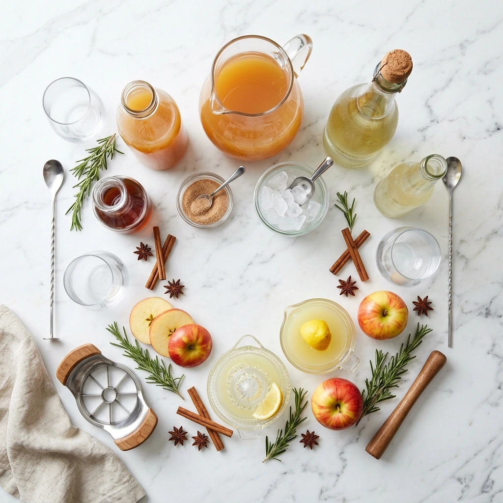 Apple Cider Harvest Spritz ingredients on marble: fresh apple cider, Prosecco, ginger beer, cinnamon syrup, apples, and rosemary