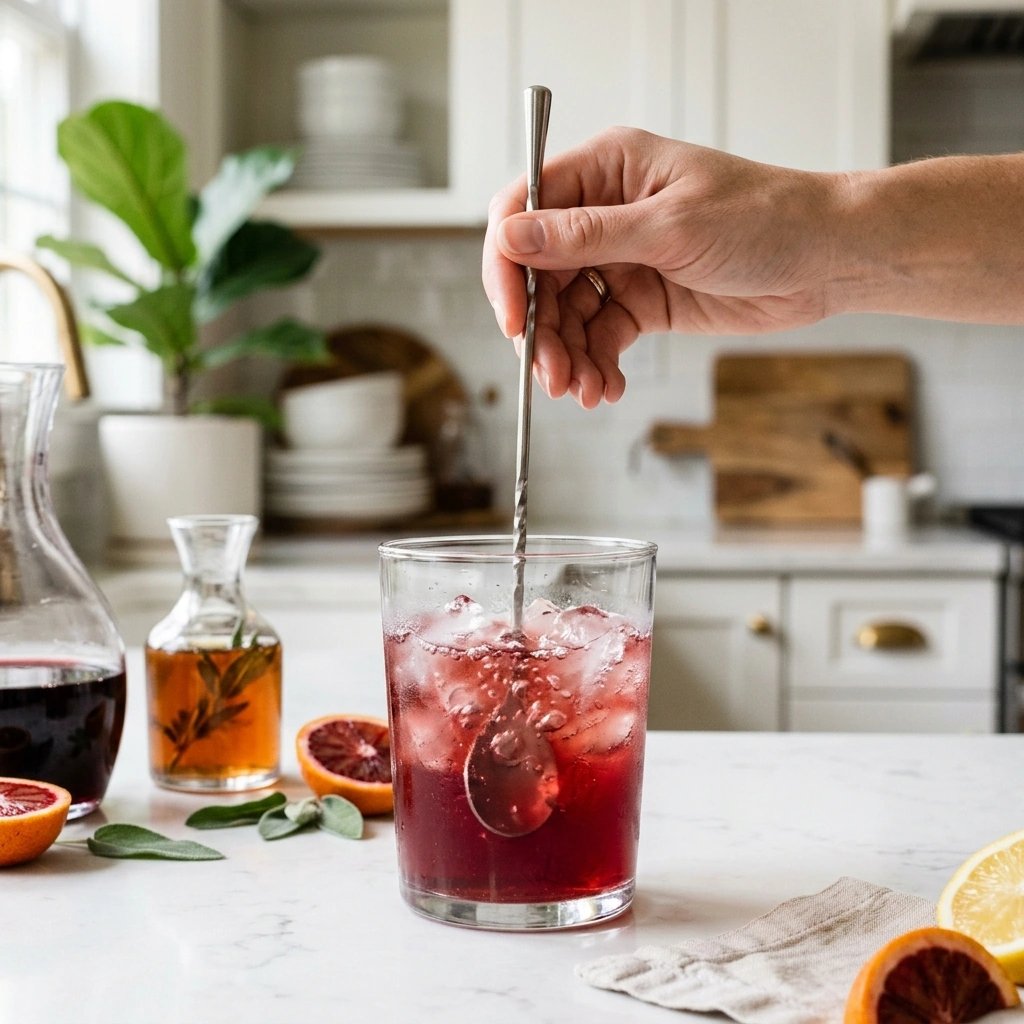 A Chianti Cooler being stirred over ice in a wine glass with an orange wheel and basil sprig