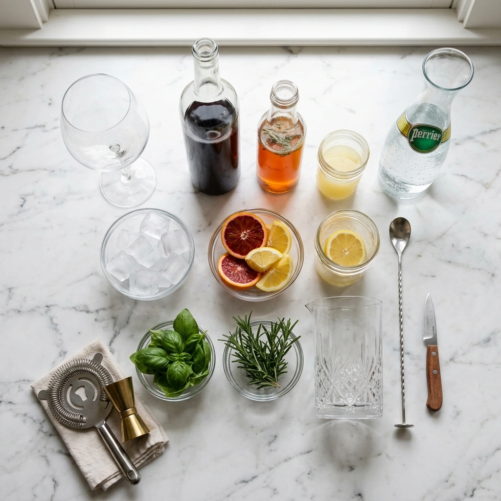 Chianti Cooler ingredients on marble: a bottle of Chianti, blood orange sage syrup, fresh lemons, sparkling water, and basil