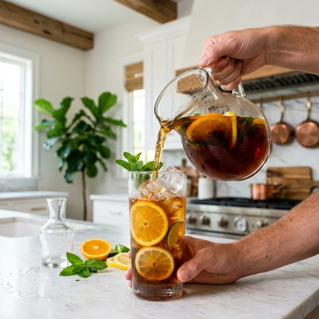 Citrus iced tea being poured from a glass pitcher over citrus-studded ice into a tall glass with fresh mint
