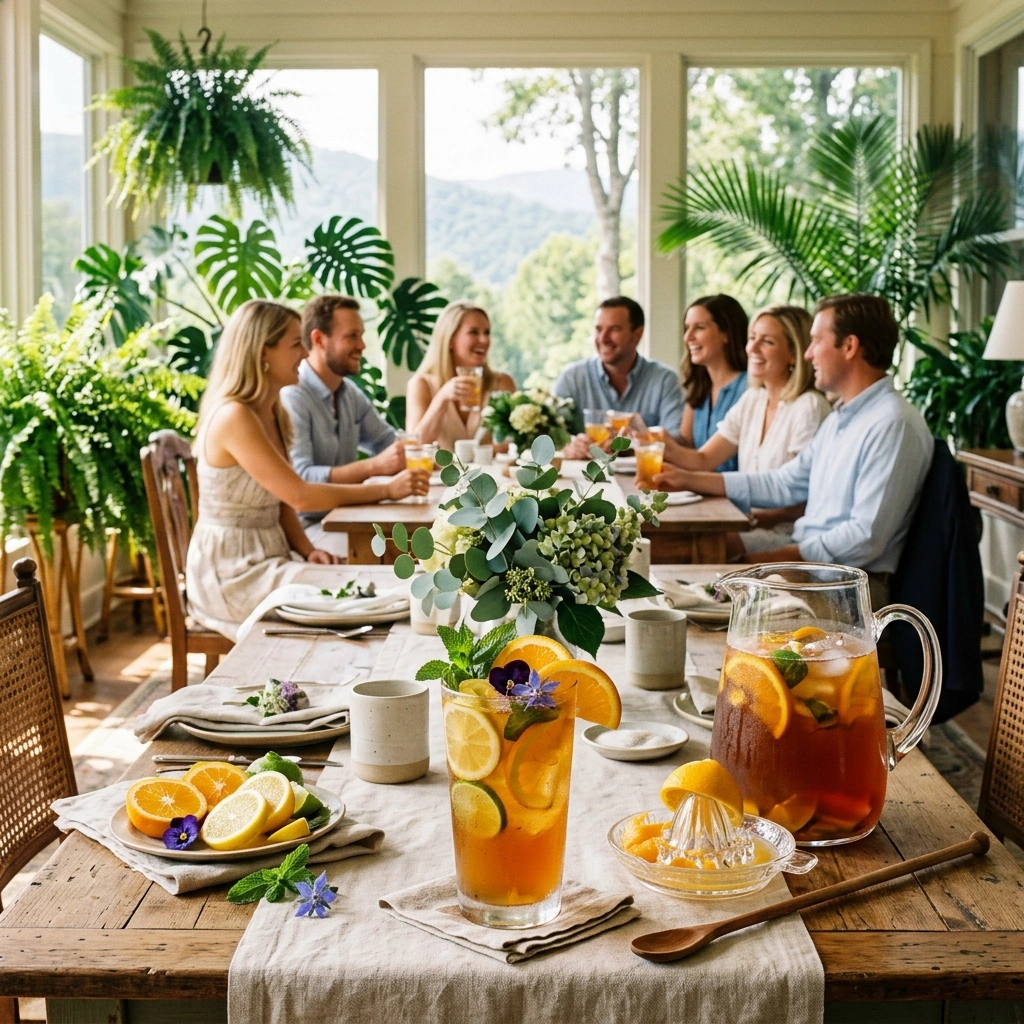 A pitcher and tall glasses of citrus iced tea garnished with citrus wheels and mint on a sunlit table set for a luncheon