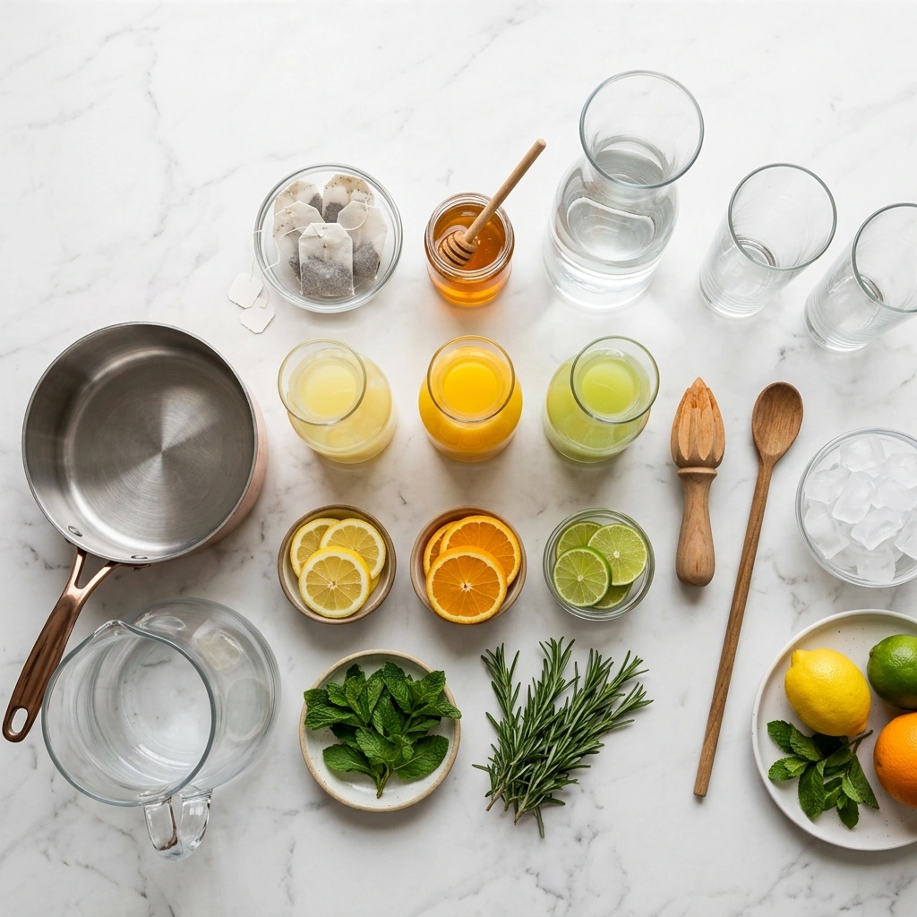 Iced tea ingredients gathered on marble: black tea, honey, fresh oranges, lemons, and limes, mint, and rosemary