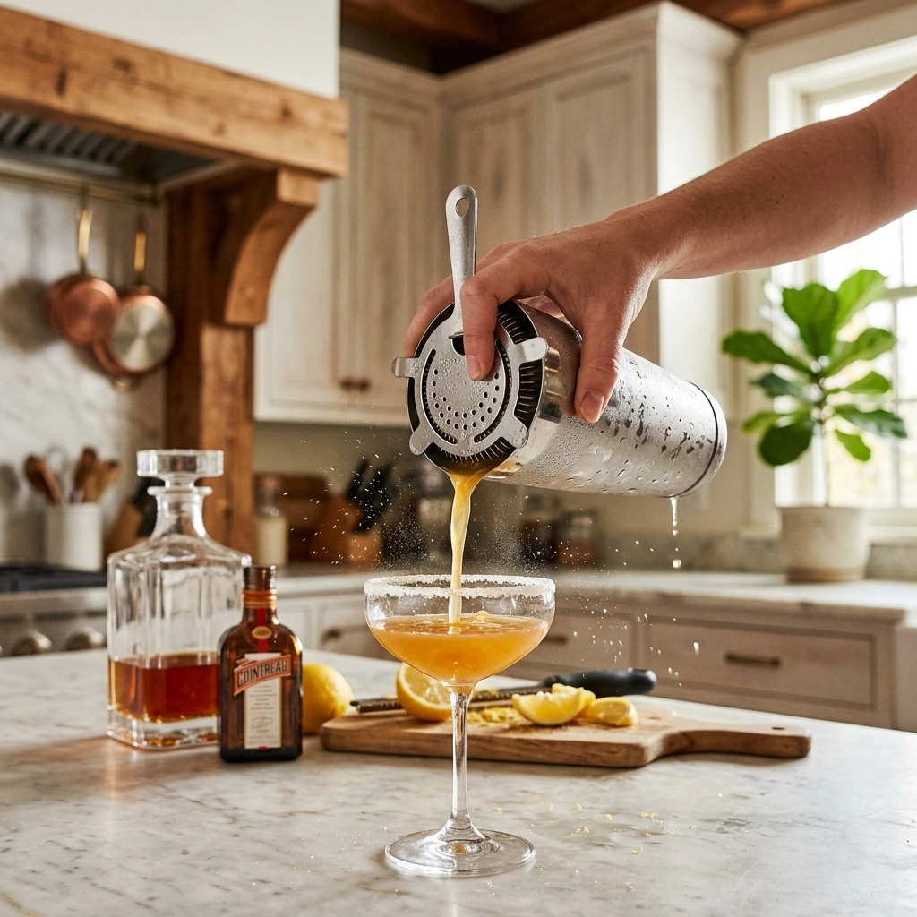 A Sidecar being strained into a sugar-rimmed coupe glass, Cognac and fresh lemon on the counter